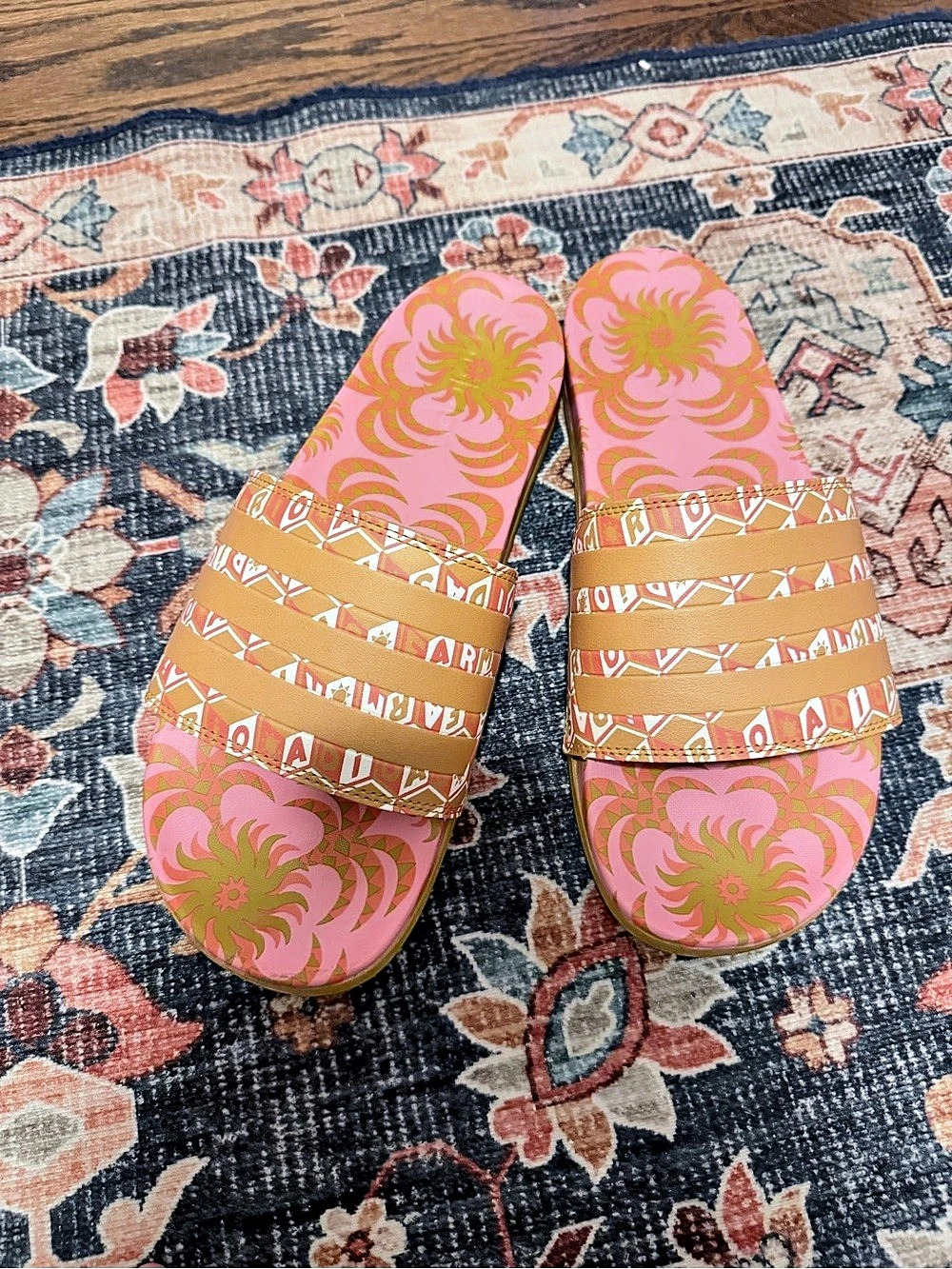 adidas Adilette Lite Slides Pink Floral Sandals in Pink & Orange
